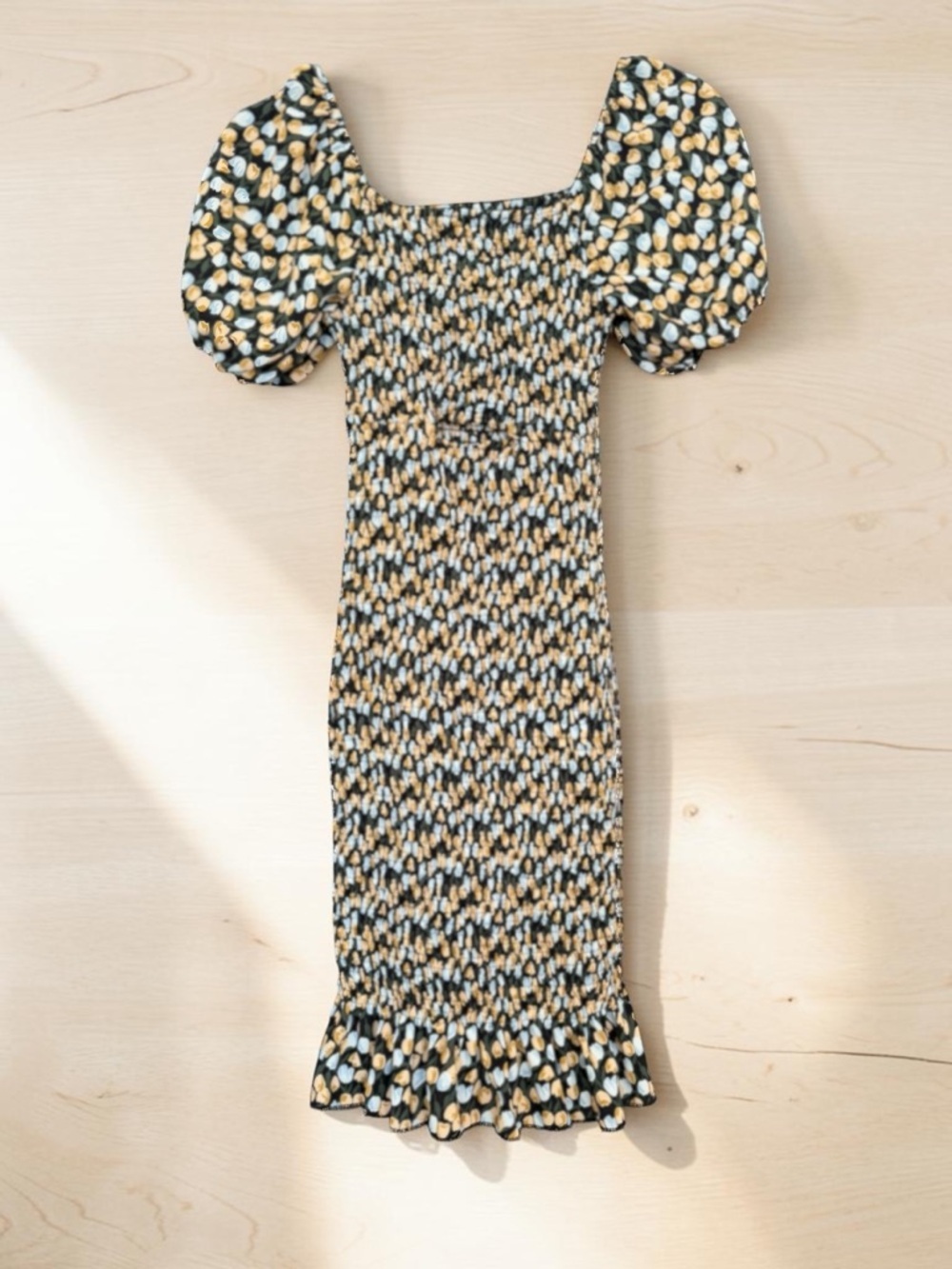 Smocked Puff-Sleeve Midi Dress in Black with Yellow and Cream Print